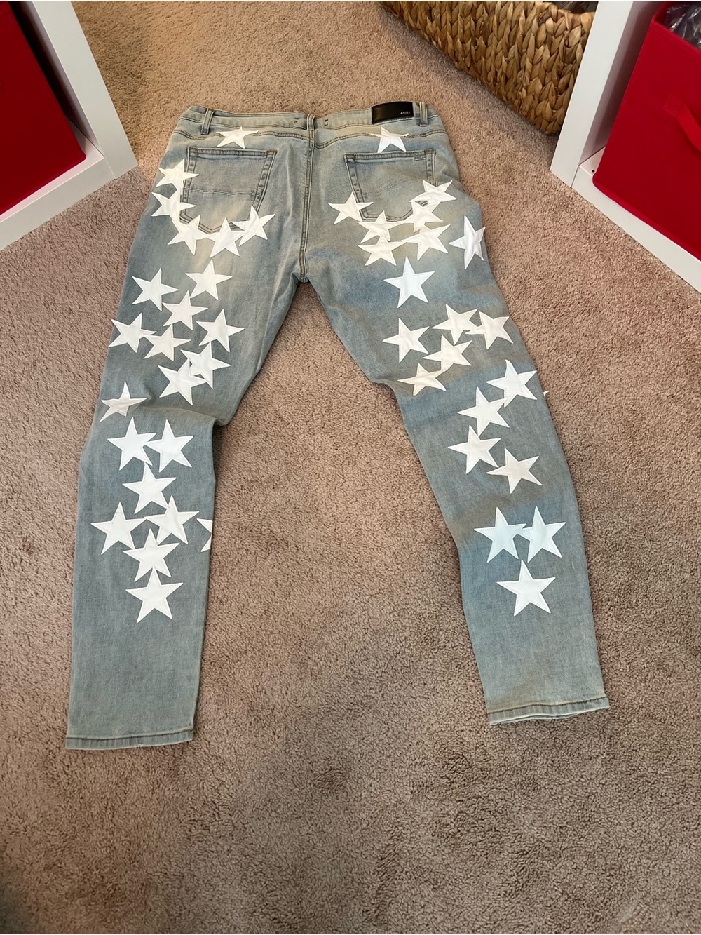 Light Blue Slim Men's Jeans with White Star Appliqués